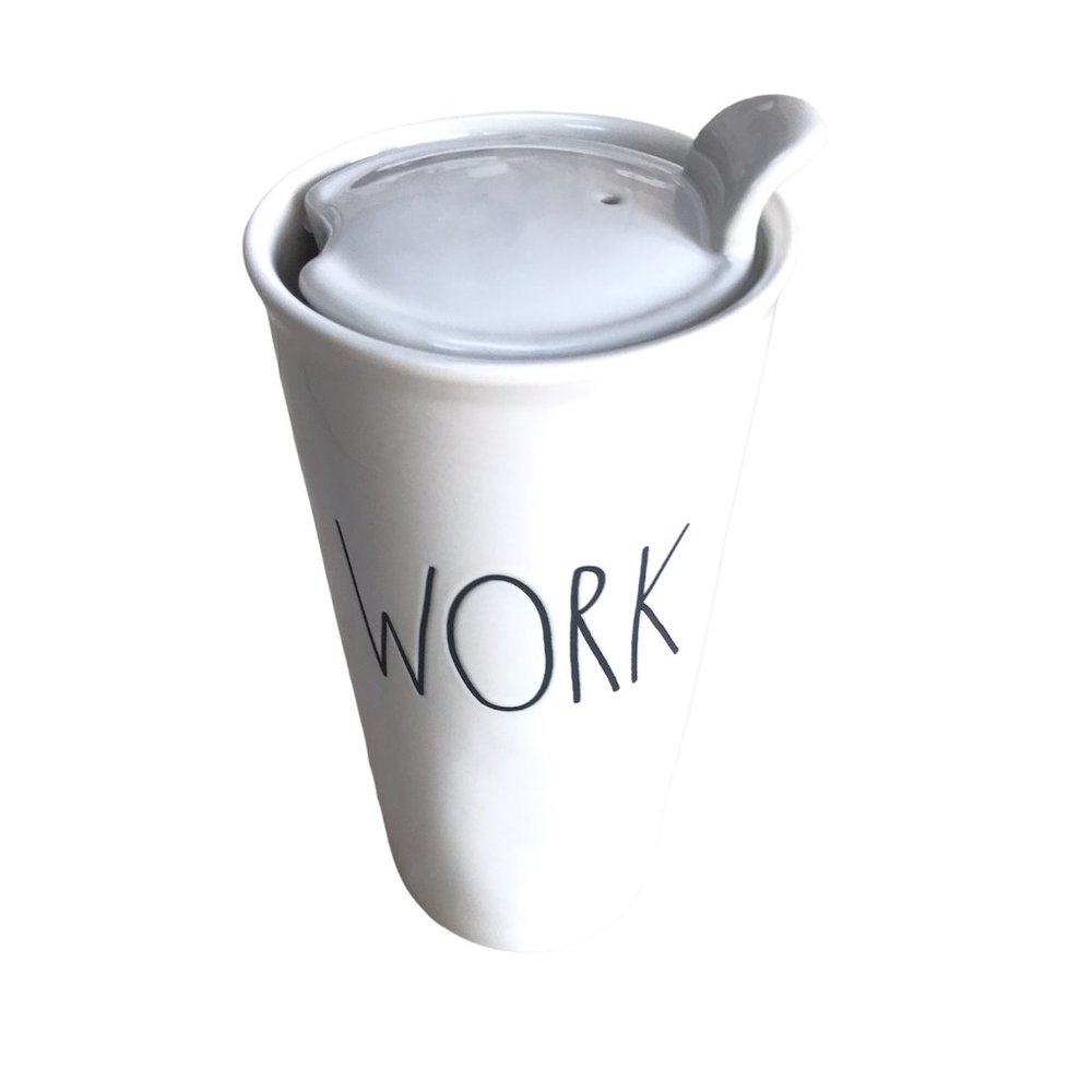 RAE DUNN Ceramic Travel WORK Coffee Mug Tumbler!